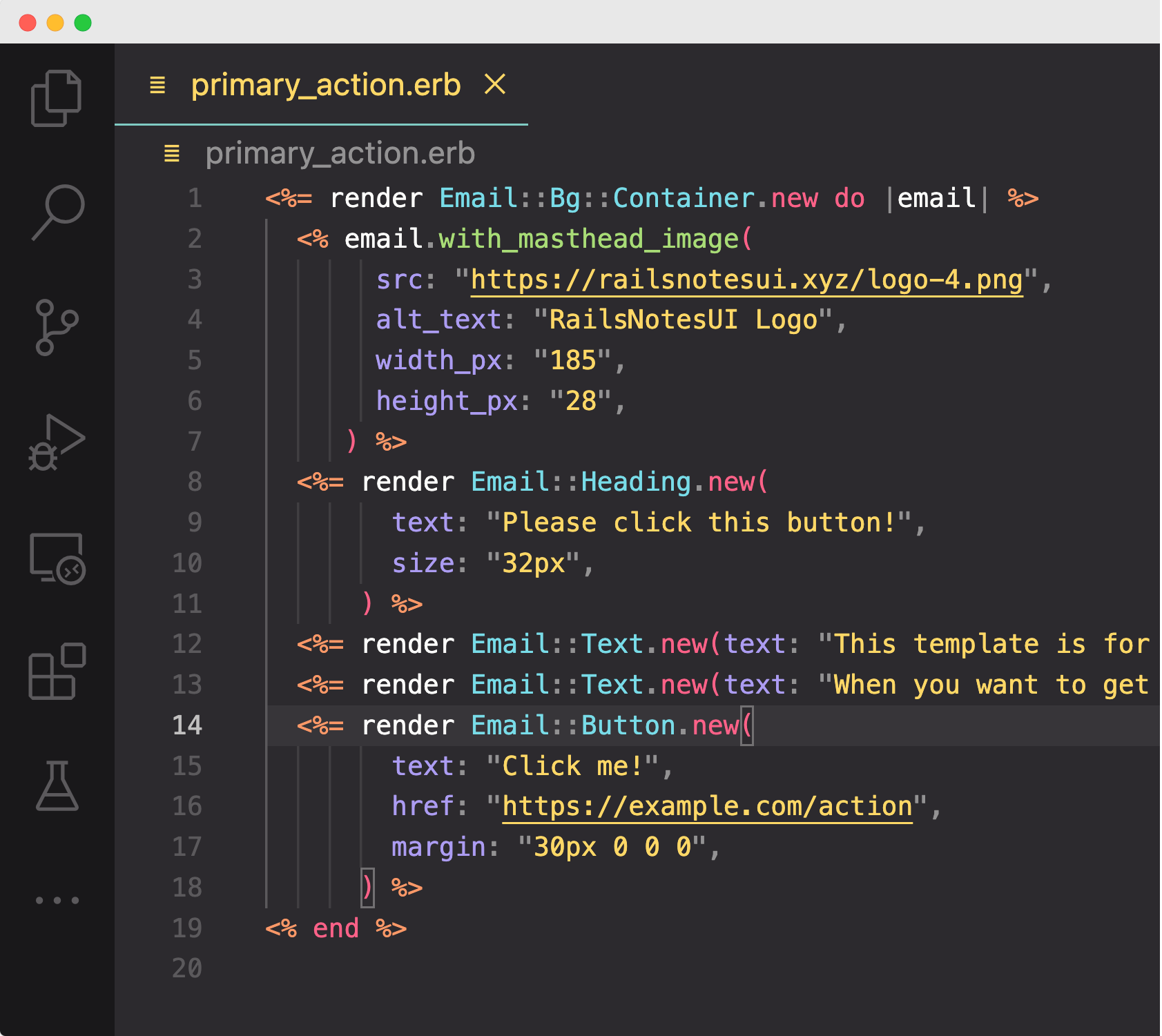 Ruby on Rails code for an ActionMailer template, built with the RailsNotes UI mailer components.