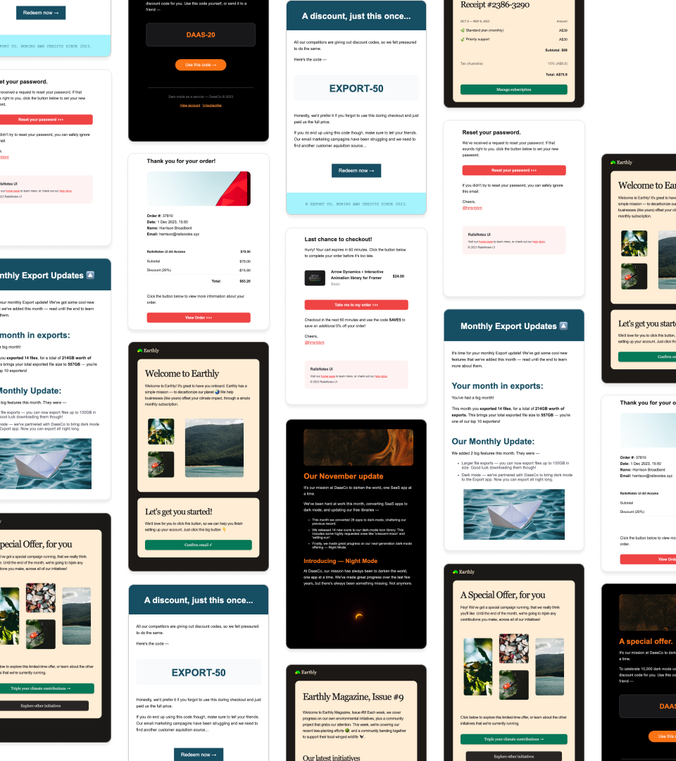 ActionMailer mailer template built with the RailsNotes UI email components.
